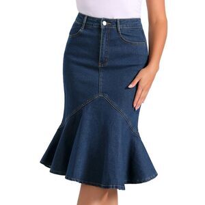 Denim Jean Skirt High Waist Bodycon Ruffles Fishtail Skirts Deep Blue
